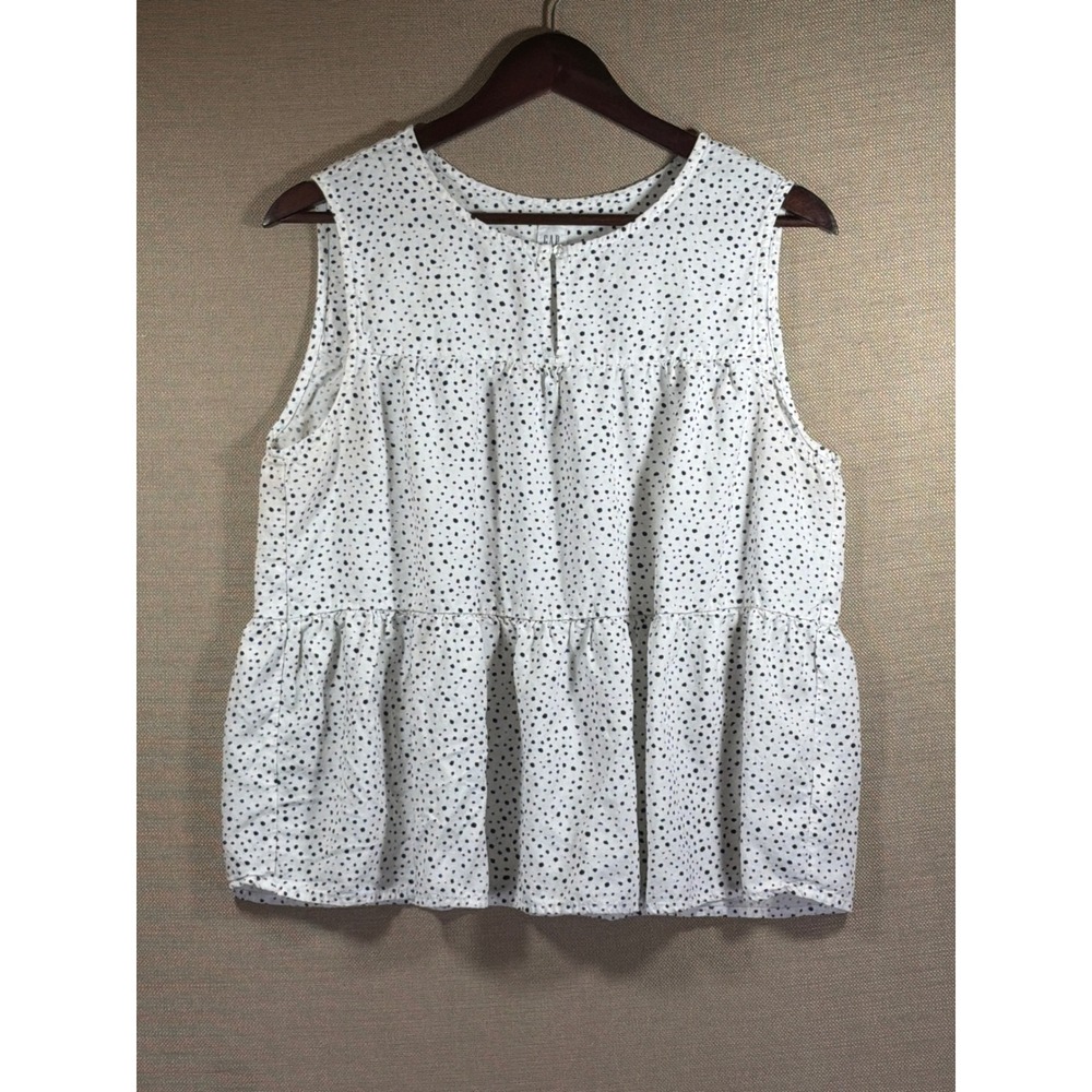 Gap Sleeveless Top Womens L White Excellent Polka Dot Tiered Babydoll Blouse